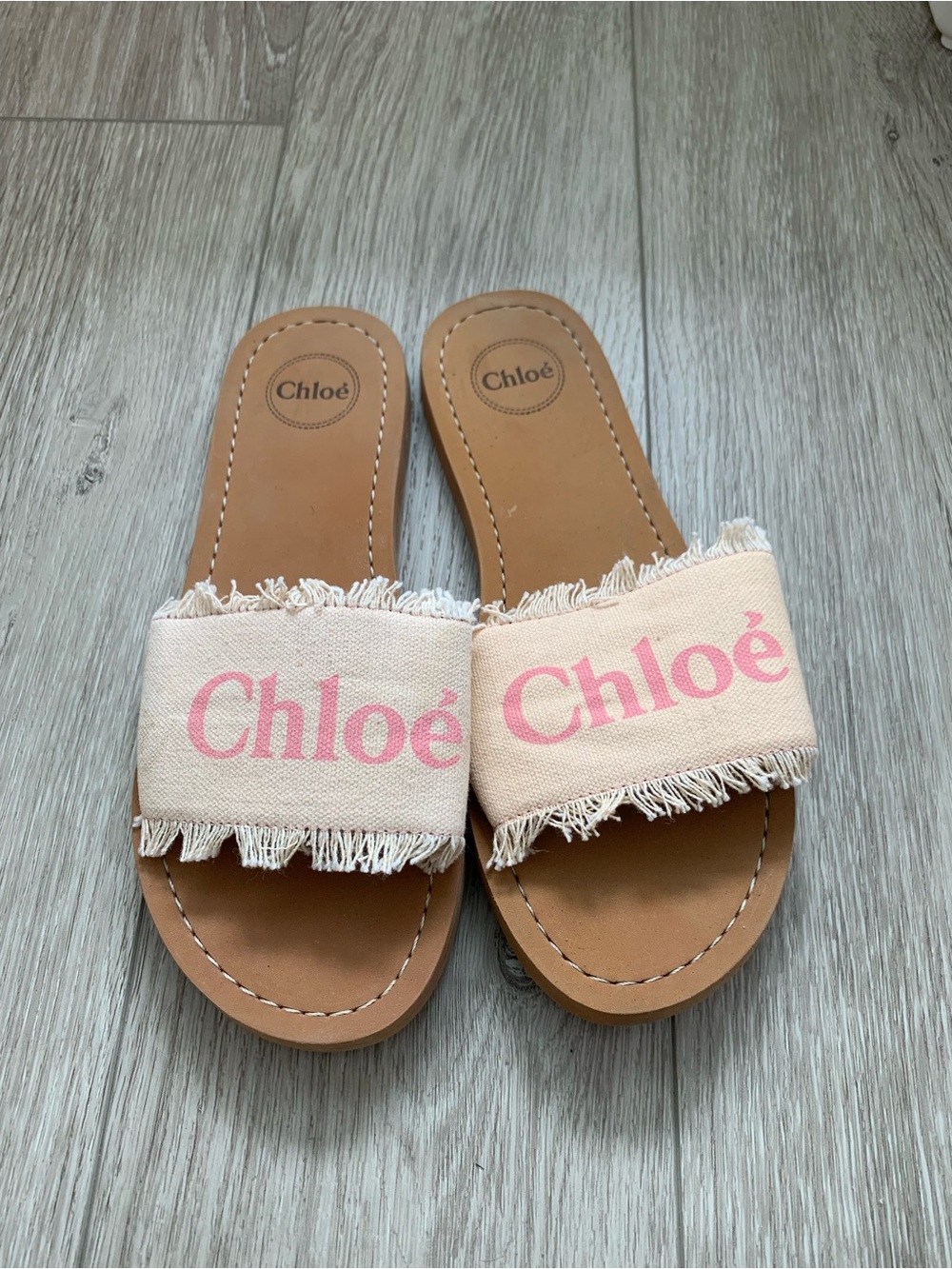 Chloe Woody Pink Logo Canvas Fringe Slide Sandals GS Size 37
